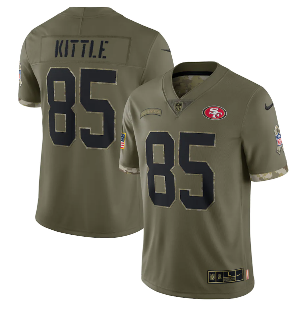 Men's San Francisco 49ers #85 George Kittle Olive 2022 Salute To Service Limited Stitched Jersey Men's San Francisco 49ers #85 George Kittle Olive 2022 Salute To Service Limited Stitched Jersey